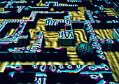 Artwork of digital globes in circuit board maze