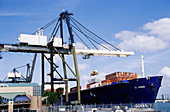 Docked cargo ship loading via crane,Florida