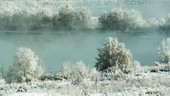 Rime ice and steam fog over lake
