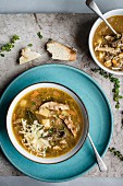 Onion and wild mushroom soup with grated cheese and herbs