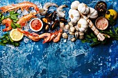 Fresh raw Prawns, Clams, Mussels, Vongole, Shrimps and Ingredients