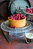 A small vanilla cheesecake with raspberries
