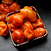 Fresh habanero chilli peppers in a clay dish