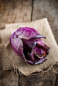 A red cabbage on a piece of hessian cloth