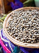 Grüne Kaffeebohnen im Korb für die Kaffeezeremonie in Äthiopien