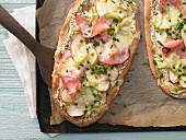 Pizza with celery, apple and boiled ham
