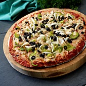 Pizza with green pepper, olives, mushrooms and onions