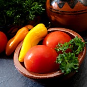 An arrangement of tomatoes and peppers