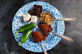 Spices in spoons with chilli peppers, garlic and chunks of chocolate on an enamel plate