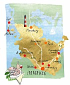 Gezeichnete Karte von Hamburg und Umgebung, Norddeutschland