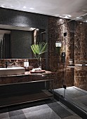 Luxurious bathroom with stone walls and floor-level shower