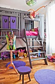 DIY loft bed in child's bedroom in shades of grey and purple