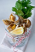Whelks in a glass with lemon and parsley