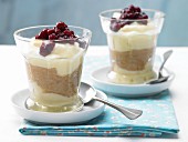 Vanilla and buttermilk pudding with pear puree and lingonberries
