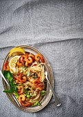 Spaghetti with celery, chilli peppers and prawns