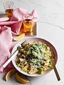 Penne with pan-fried leeks, Brussels sprouts, melted butter, lemons and Parmesan