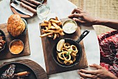 Fried calamari rings with chips and flowerpot bread at the Potato Shed restaurant (Johannesburg, South Africa)