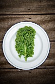 A kale leaf on a plate (seen from above)