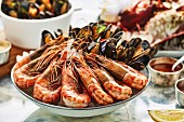 A seafood platter with prawns and mussels