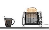 Toaster,toast and coffee under x-ray