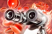 Microscope and blood cells,illustration