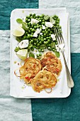 Spaghetti fritters with peas