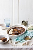 Chocolate clafoutis with pears and gorgonzola