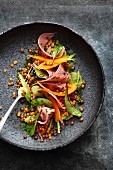 Salad of curer veal tongue with lentils, carrot and celery