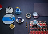 Tea accessories and utensils in shades of blue