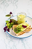 Broad bean hummus with toast and salad leaves