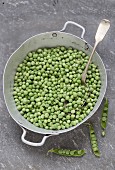 Lots of peas in an old saucepan with a spoon