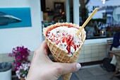 Spaghetti ice cream in a cone from the 'Eisprinzessin' ice cream parlour in Hamburg, Germany
