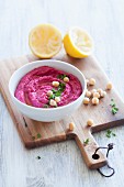 Beetroot hummus with chickpeas and lemon