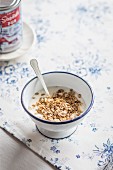 A white bowl of yogurt and muesli with oats