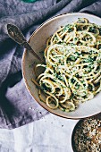 Spaghetti with pesto (seen from above)