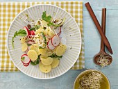 Colorful potato salad with radishes and sprouts