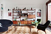 Retro-style living room with shelves and parquet floors