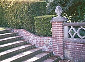 Stairs and wall of clinker, hedge of Taxus
