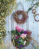 Stainless wire basket (wirework), Pernettya (peat myrtle), Chrysanthemum