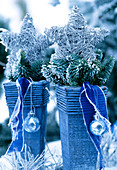Vases with branches and sisal star in hoarfrost