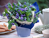 Bouquet of forget-me-nots, blue napkin cuff with white and blue sisal
