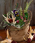 Hop sack filled with pebbles and soil, planted with Calluna, Carex