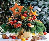 Christmas bouquet with snow, Picea (silk pine), Pinus (spruce), stars