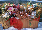 Winter balcony box with twigs, ornamental cabbage and heather