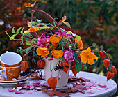 Table Decoration Pink Roses, Calendula Marigolds, Eschscholzia Gold Poppy, Physalis