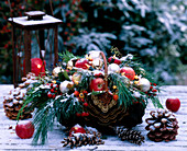 Weihnachtlicher Korb mit Zweigen, Nüssen, Zapfen und Äpfeln