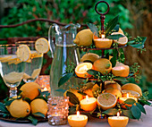 Etagere with Citrus limon (lemon), Laurus nobilis (laurel)