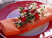 Orange napkin with pink (rosehips), clematis (woodland vine)