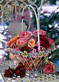 Wire basket with pink (rose blossoms in hoarfrost)