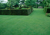 Formaler Garten mit Rasen, streng geschnittene Hecken trennen die Fläche in Gartenräume, Holzbank